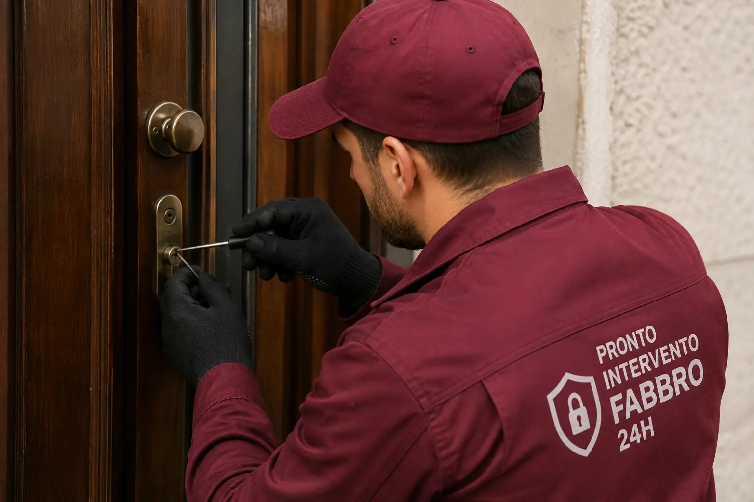 Tecnico fabbro al lavoro su una porta d'ingresso a Parma
