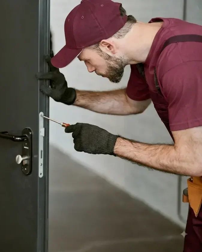 Tecnico fabbro al lavoro su una porta d'ingresso a Como