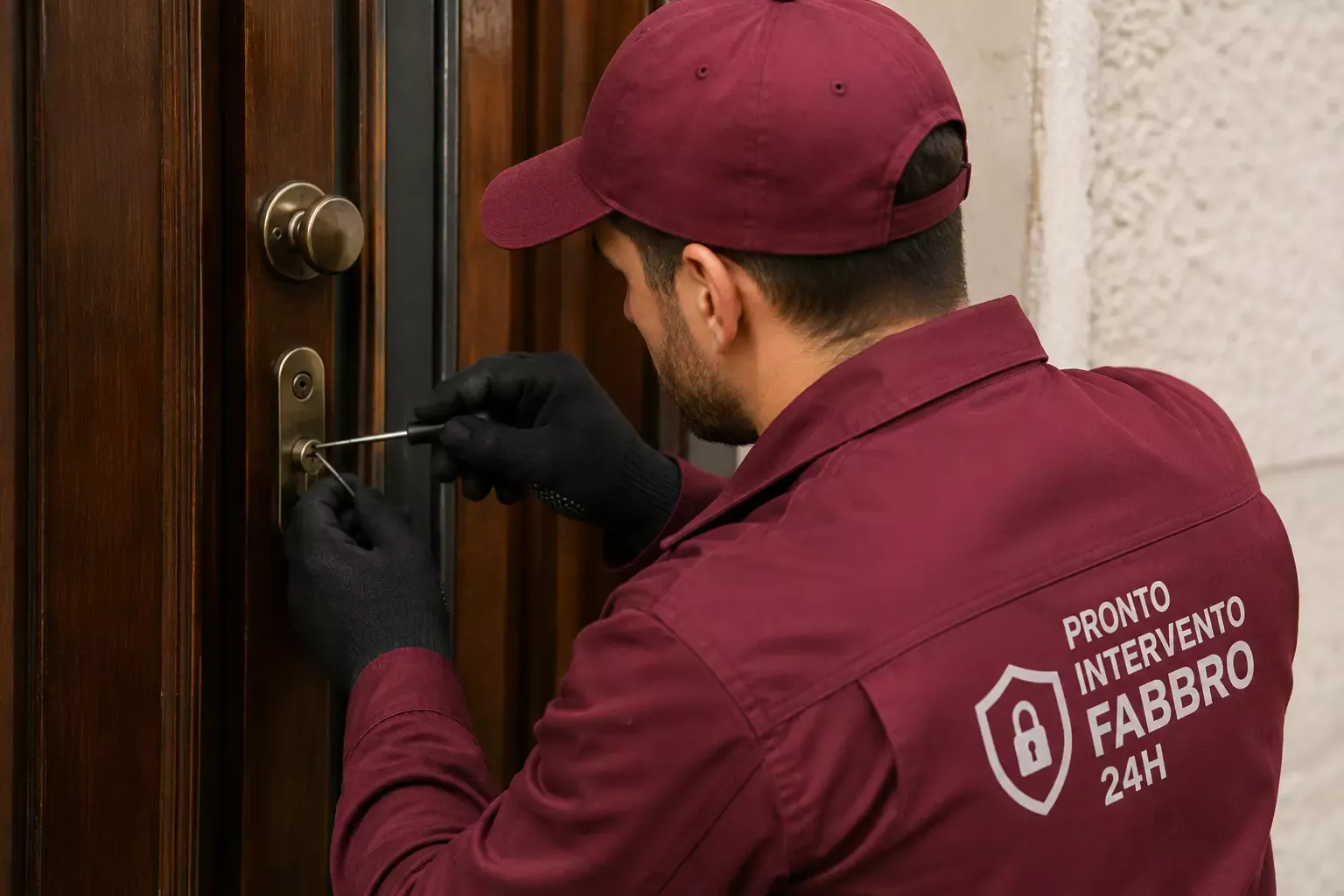 Tecnico fabbro al lavoro su una porta d'ingresso a Torino